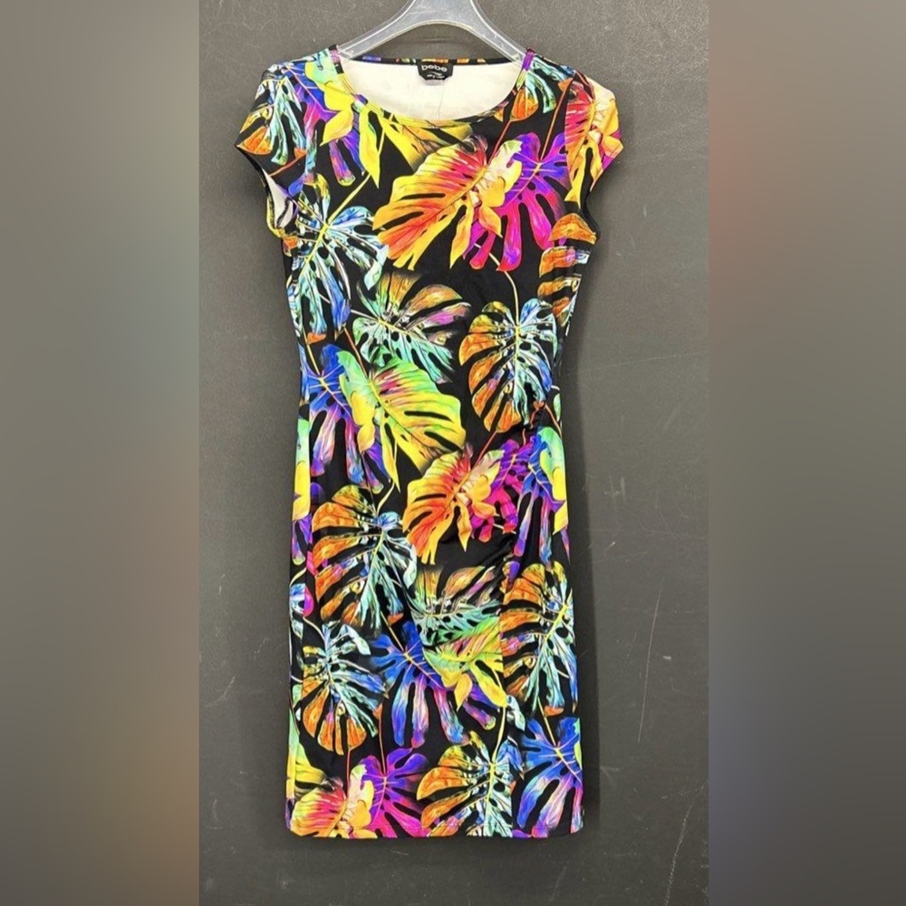 bebe Black Tropical Leaf Midi Dress with Neon Accents